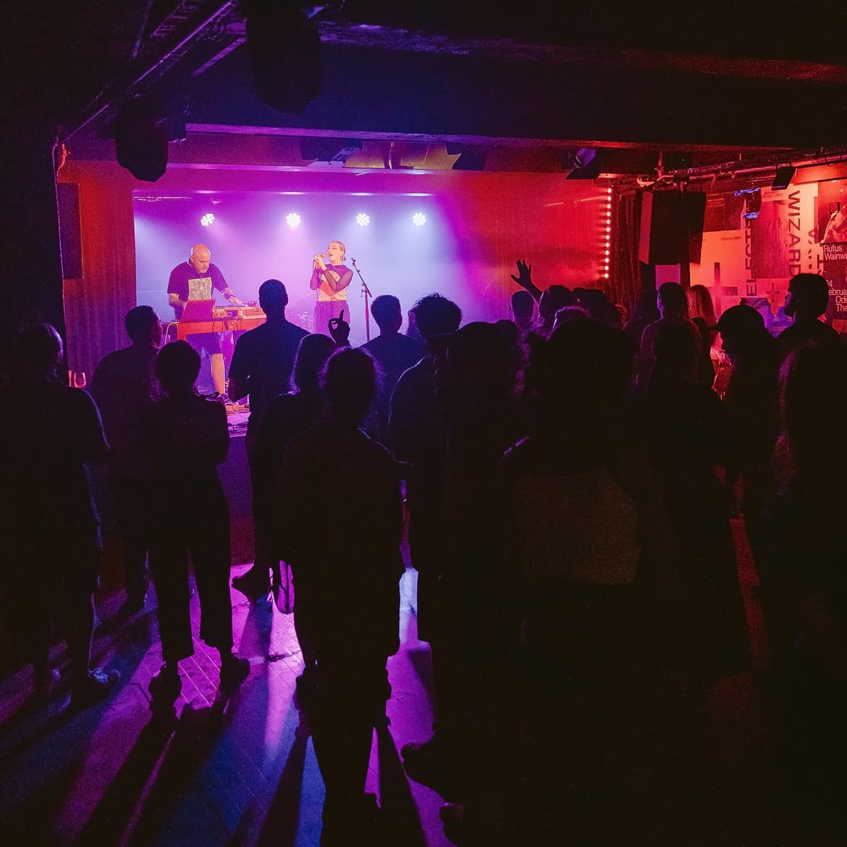 People standing watching a band with a purple background